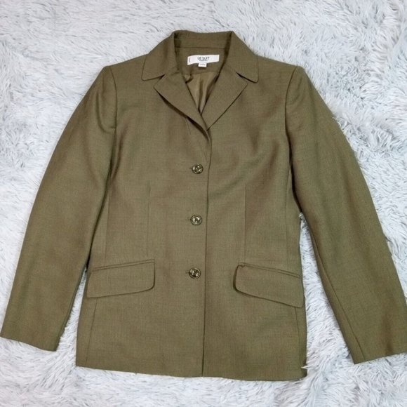 Le Suit Essentials Womens Suit Jacket Blazer Green Petite 6P Button Lined Pocket - Picture 1 of 10